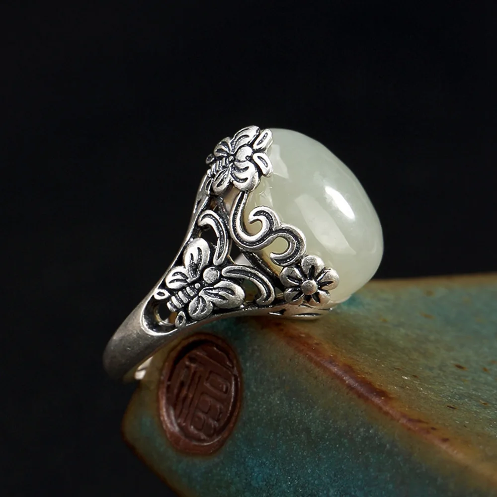 

Natural Jade Stone 925 Sterling Silver Vintage Rings With Butterfly And Flower Pattern