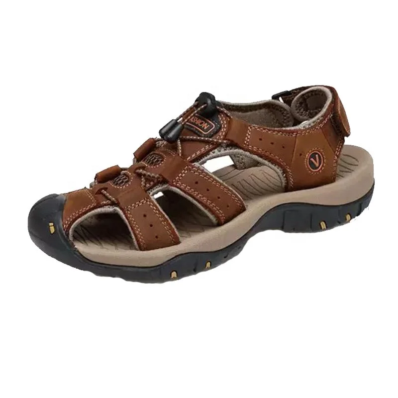 

dropshipping outdoor summer wear sport sandals toe cap fast lock lace genuine leather back strap anti slip big size men shoes