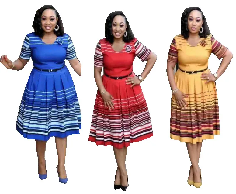 

2021 hot sell african women clothing ladies striped o-neck dresses summer print big swing dress with belt, Red, yellow, blue