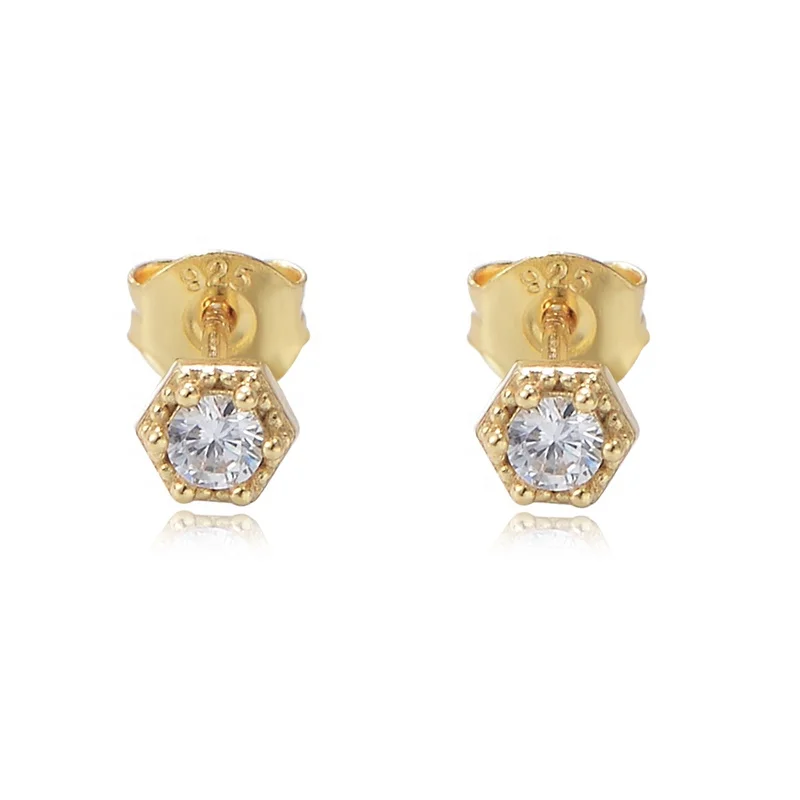 

minimalist Single stone Hexagonal psj 925 Sterling silver 14k gold plated CZ Cubic Zirconia Stud Earrings