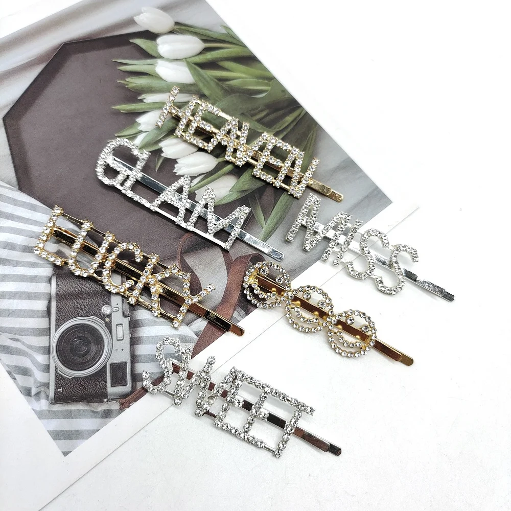 MIO Rhinestone Letter Women Girl Hair Pins Fashion Women Hair Accessory Gold Silver Crystal Word Hair Clips