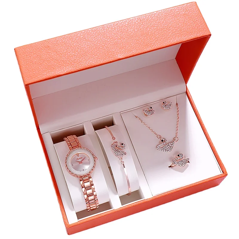 

Waterproof quartz watch trendy swan watch female fashion five-piece bracelet watch set