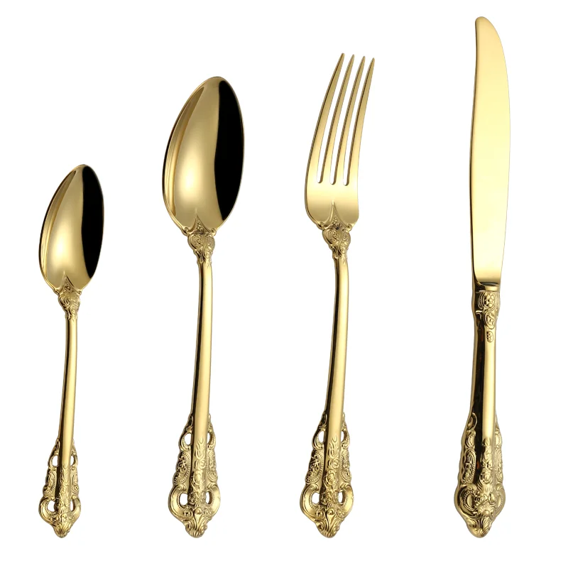 

Palace Luxury Gold Stainless Steel Cutlery for Wedding Handle Carved Gold Flatware Set