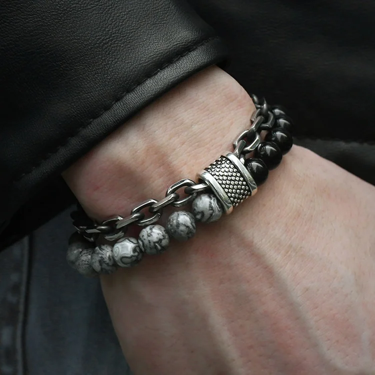 

Unique double layered men bracelet stainless steel natural stone mens beaded bracelet, Picture