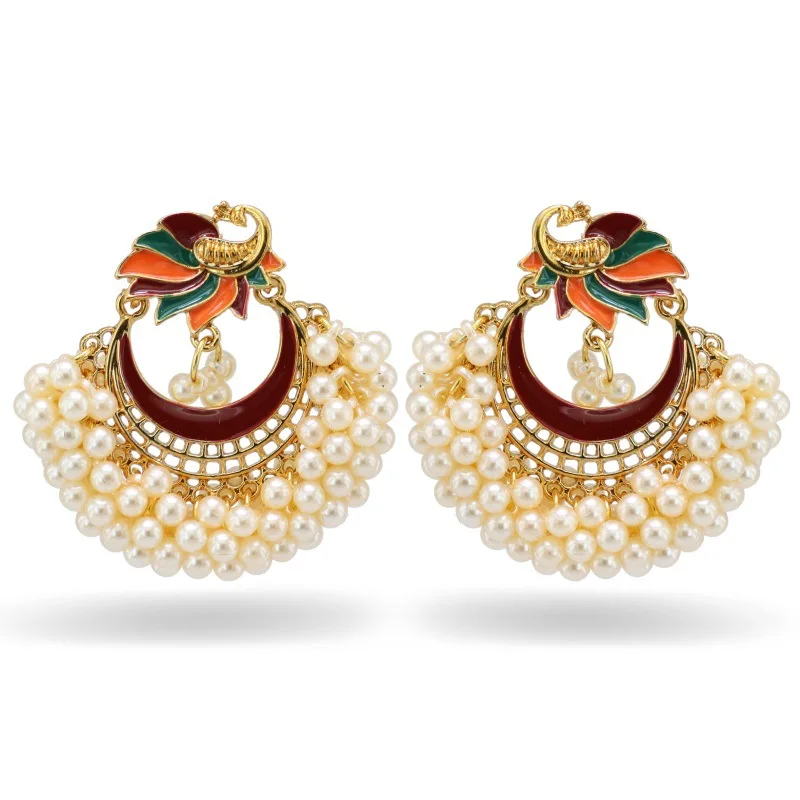 

Indian Bridal Jhumki Crystal Pearl Gold Plated Bollywood Rhinestone Peacock Wedding Earrings For Girls And Women, Colorful