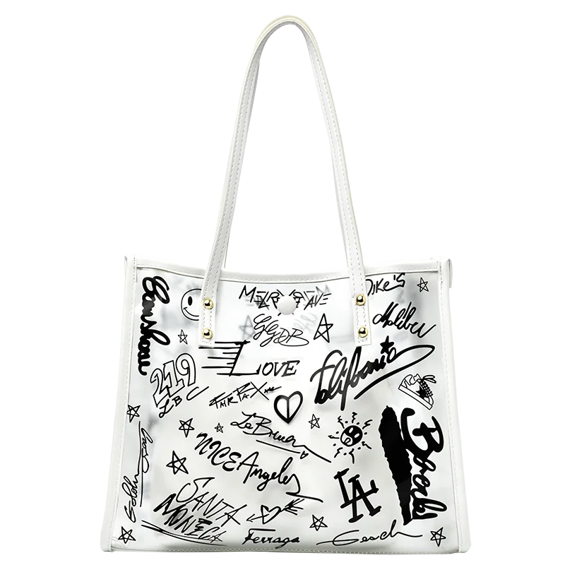 

Popular Large Capacity Graffiti Handbags For Women Clear Jelly Bags Printed Hand Bags, 3 colors