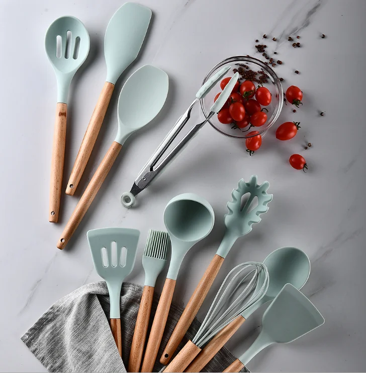 

food grade soft silicone shovel spoon spatula kitchenware set 12piece non stick silicone cookware utensilio utensilios de cocina, Dark gray, green, red, purple, pink, light green