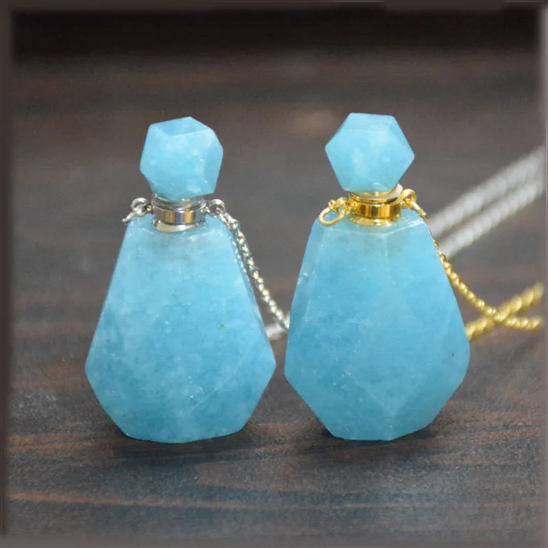 

Natural Aquamarine Crystal Essential Oil Bottle Pendant Verified Supplier Blue Faceted Gemstone Perfume Bottle for Necklace, Multi