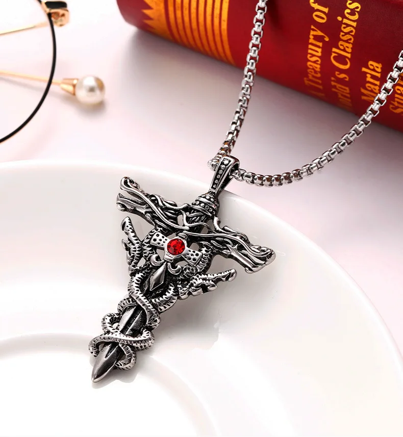 

Stainless Steel Cross Necklace Men's Double Dragon Sword Pendant Male Personality Matching Accessories Vintage Fashion