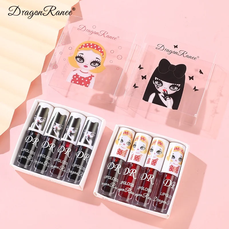 

4pcs/set Cute Lip Stain Liquid Set Box Mirror Water Gloss Lipstick Berry Color Female Lip Glaze, As picture shown