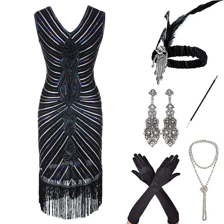 

Ecoparty Women's Roaring 20s V-Neck Gatsby Flapper Dresses with Accessories Set