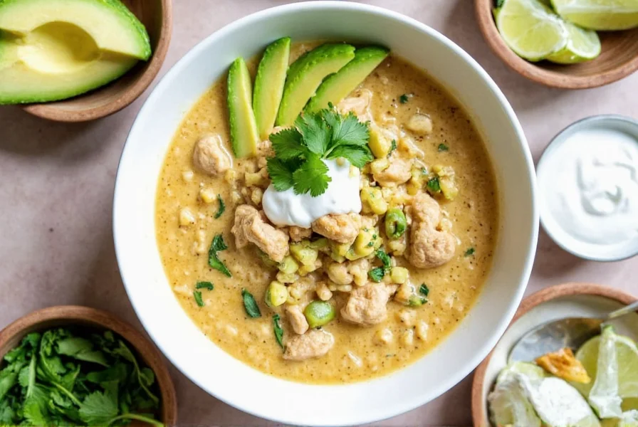 White chili chicken served in a bowl with various garnishes including avocado slices, cilantro, sour cream, and lime wedges