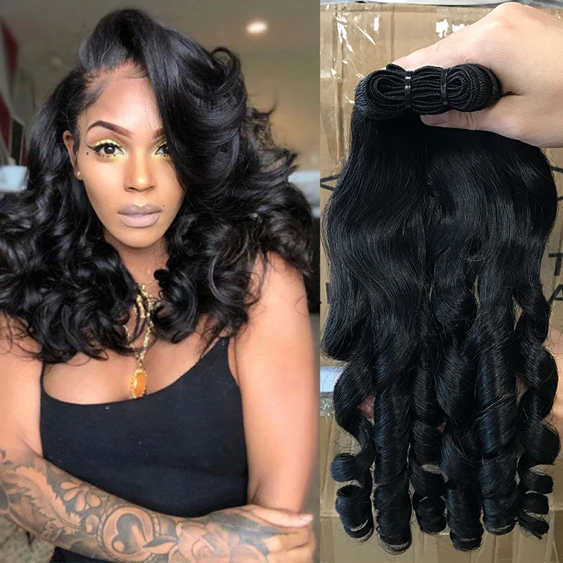 

New Style100% unprocessed funmi hair bouncy curl, cheap double drawn raw virgin hair, double drawn human hair with closure