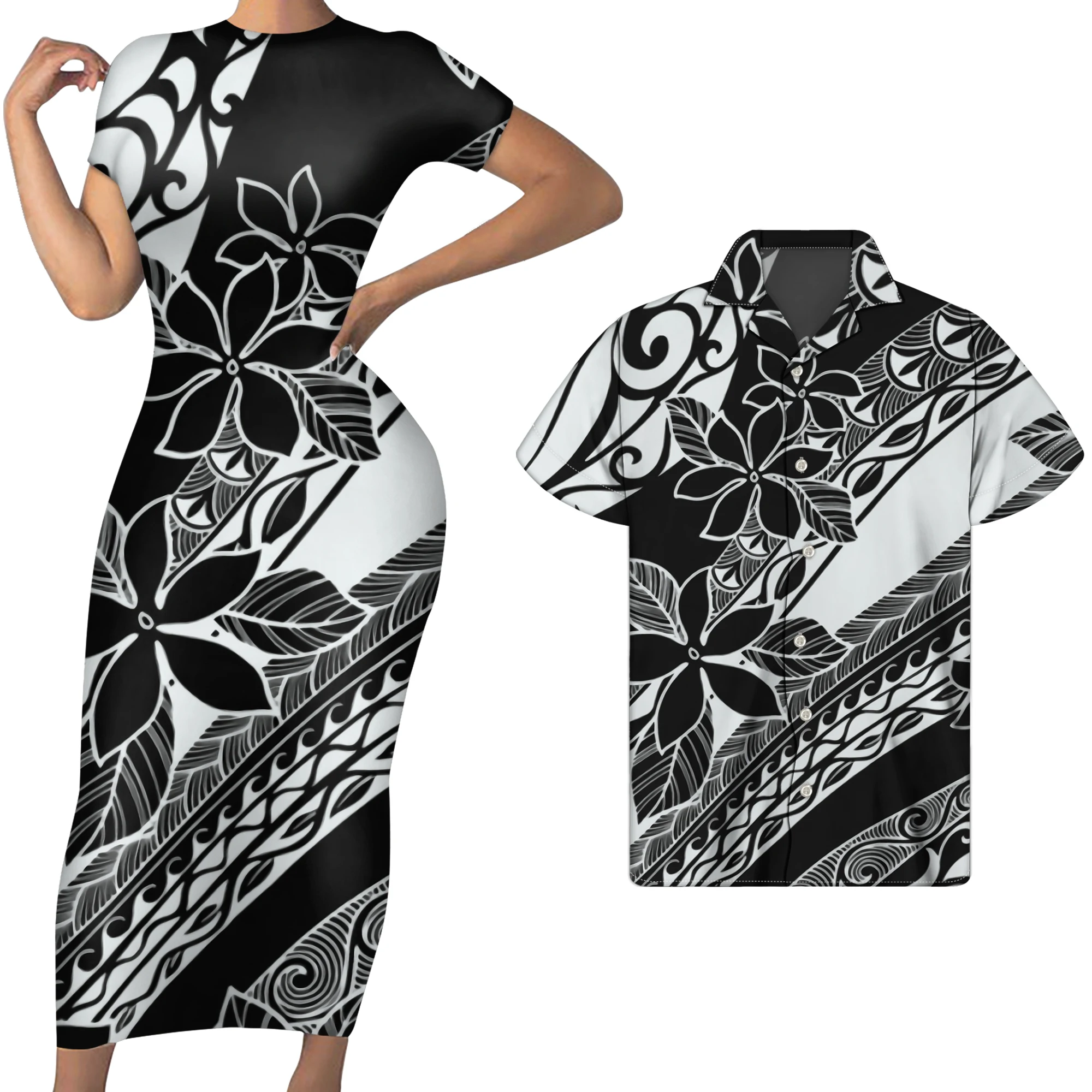 

Tonga Polynesian Tribal Flower Special Pattern Women Bodycon Printed Dress Casual Short Sleeve Dresses and Hawaiian Shirt Party, Customized color