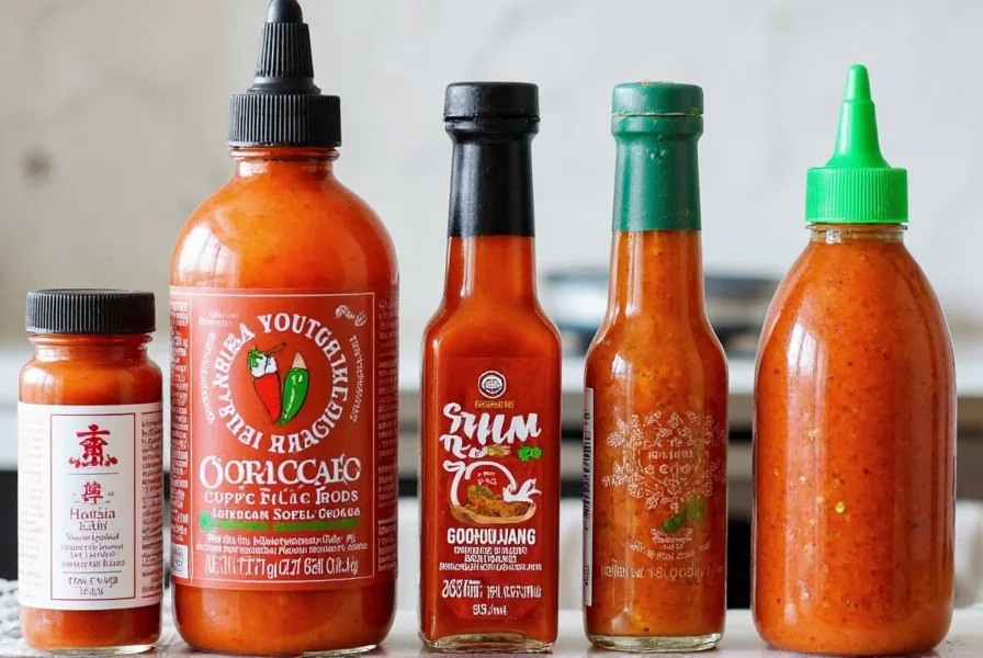 Various chili paste substitutes arranged on kitchen counter including sriracha, gochujang, harissa, and homemade alternatives