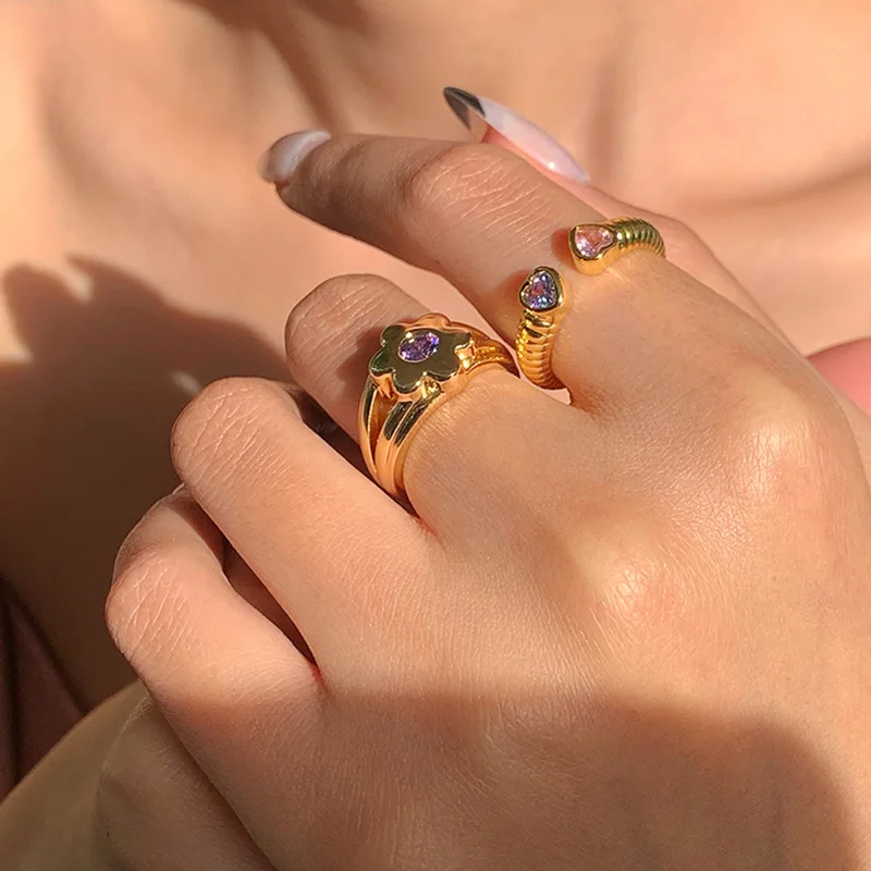 

Vintage French CZ Zircon Flower Shaped Opening Ring Light Luxury Real Gold Plated Cubic Zirconia Flower Finger Rings For Women