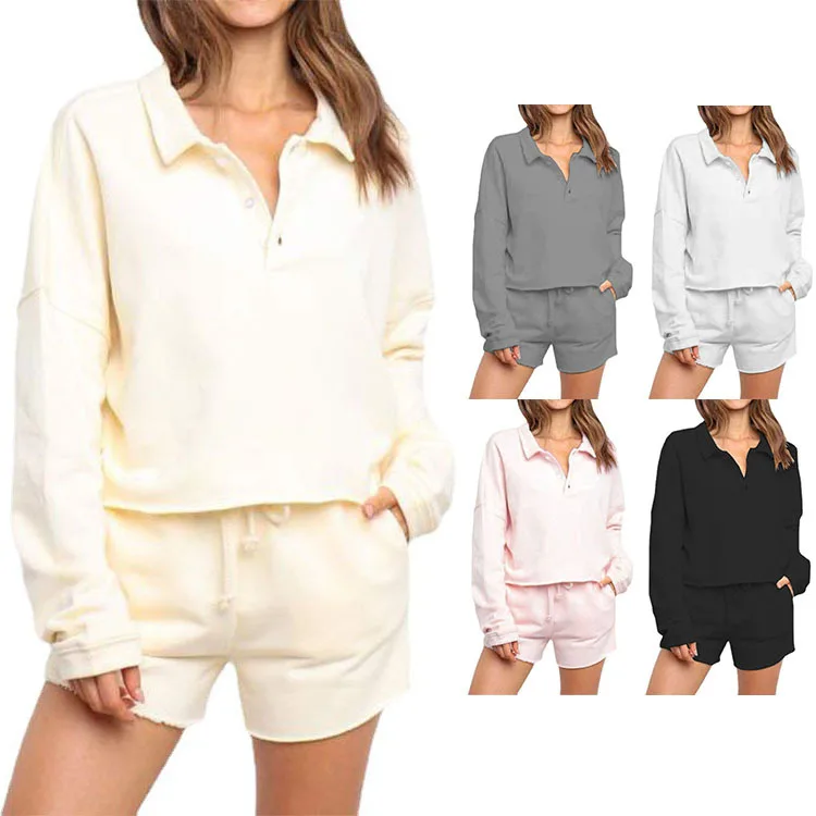 

Amazon wholesale loungewear shorts set fall two piece shorts set clothing custom waffle lounge wear sets women, Picture shows