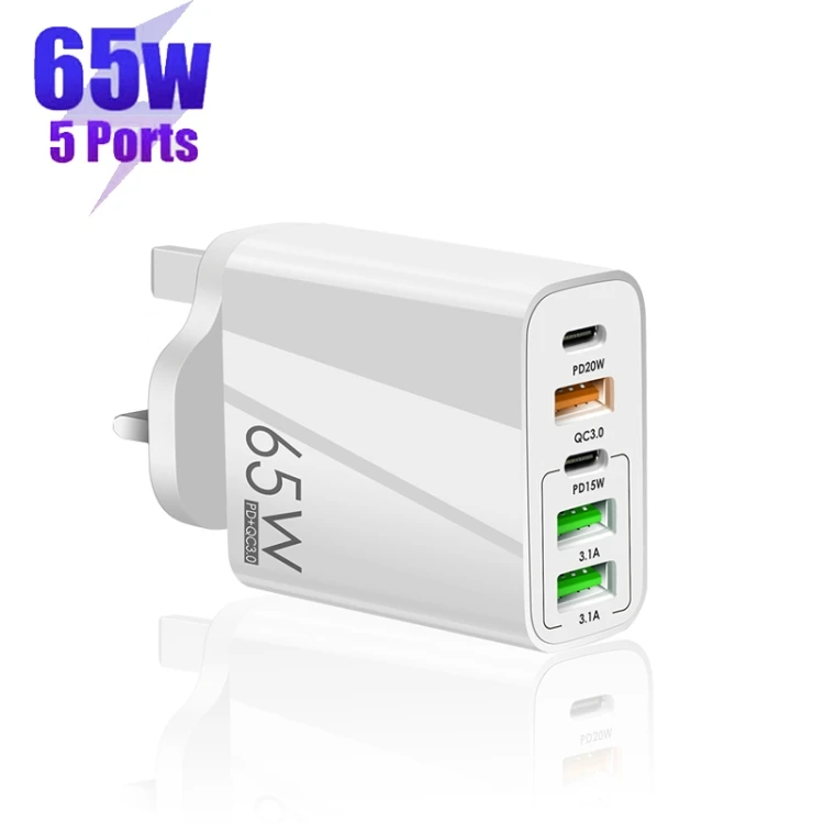 

Hot Product 65W UK Plug with 3A Type-C to Type-C Data Cable Dual PD Type-C + 3 x USB Multi Port Charger