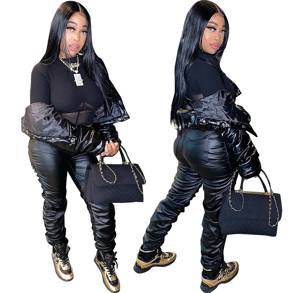 

Ladies black faux leather stacked women's trousers & pants
