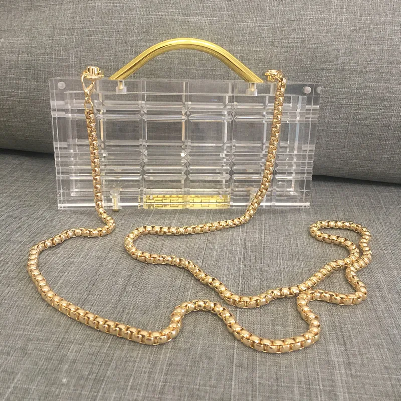 

2020 New women's bag light luxury transparent geometric Plaid acrylic handbag brass handle chain bag
