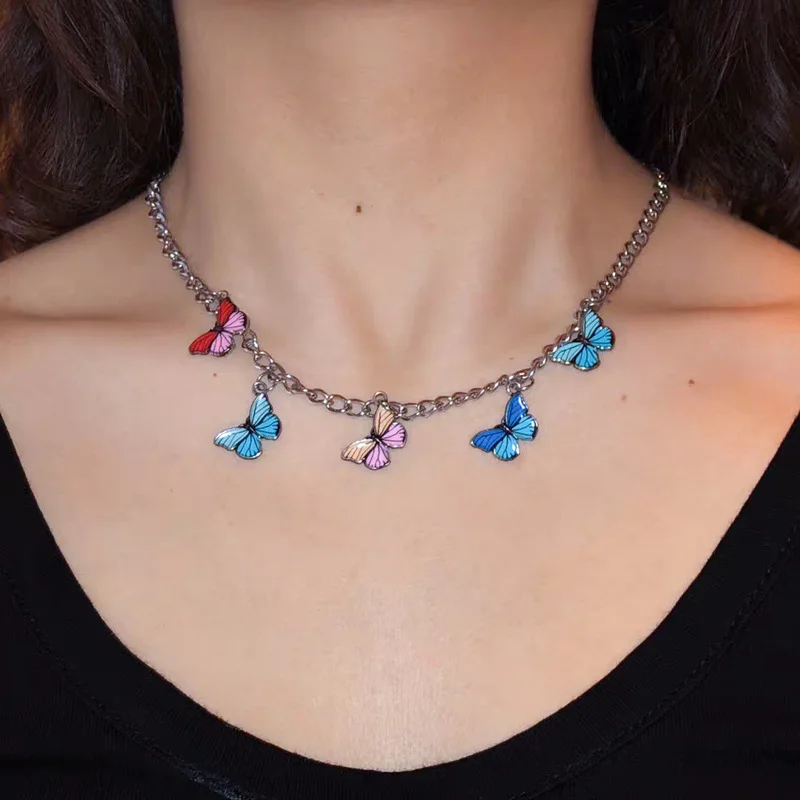 

Hot sale Fine Jewelry 5 Cute colorful Butterfly Necklace For Woman Stainless Steel Butterfly Chain Necklace
