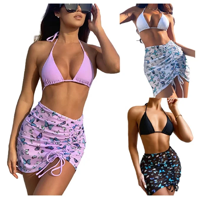 

Wholesale 2021 Butterfly Bikini Swimwear 3 Piece Swimsuit Set Bathing Suits For Women With Skirt, White