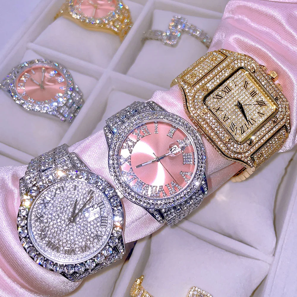 

men women luxury jewelry iced out gold silver cz quartz wrist watch watches