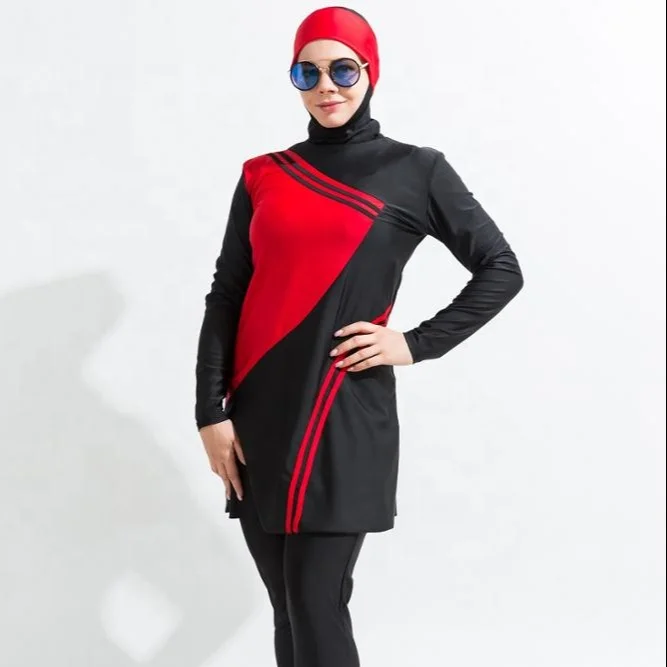 

MOTIVE FORCE Stripped Patchjob Black + Red Long Sleeve Muslim Hijab Islamic Sportswear Swimsuit For Ladies