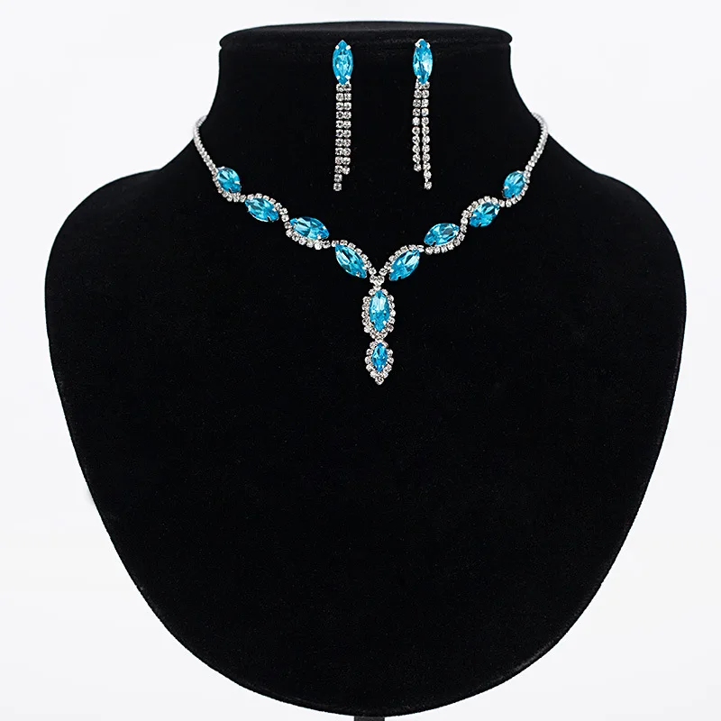 

2021 Fashion Crystal Earrings Necklace Party Bridal Women Wedding Jewelry Set, Pink,blue
