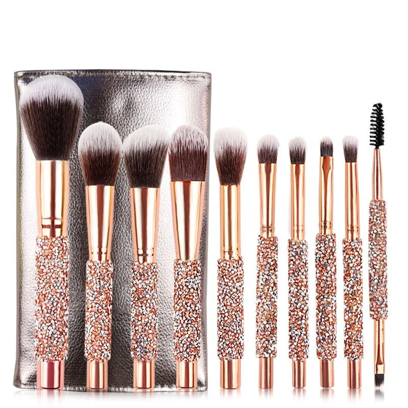 

10pcs Rose golden Crystal Diamond Handle brochas de maquillaje foundation Glitter makeup brush set with PU bag makeup brushes