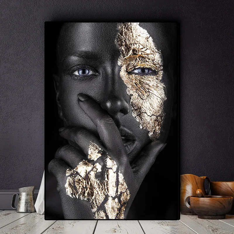 

African Art Black and Gold Woman Oil Painting on Canvas Cuadros Posters and Prints Scandinavian Wall Art Picture for Living Room