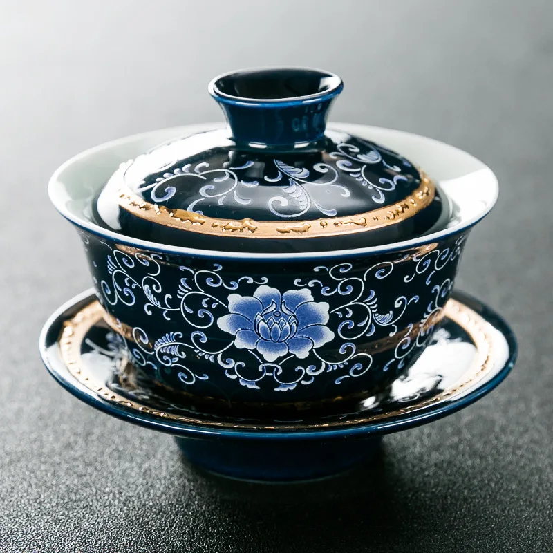 

Sapphire glaze sancai Gaiwan tea cup ceramic large blue and white porcelain bowl tea ceremony kung fu tea Teaware