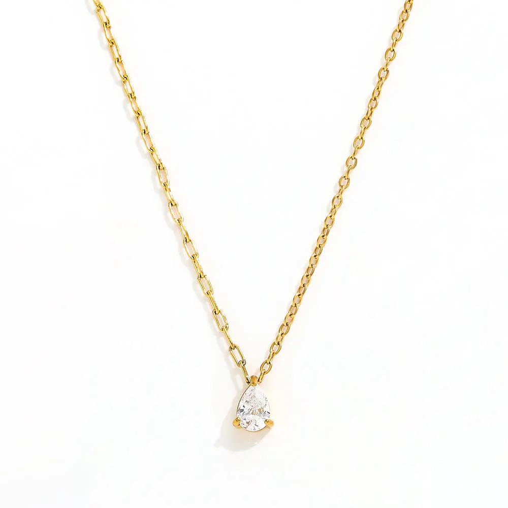Joolim 18K Gold Plated Non Tarnish Waterproof Cubic Waterdrop Zirconia Paper Pin Mixed Chain Pendant Stainless Steel Necklace