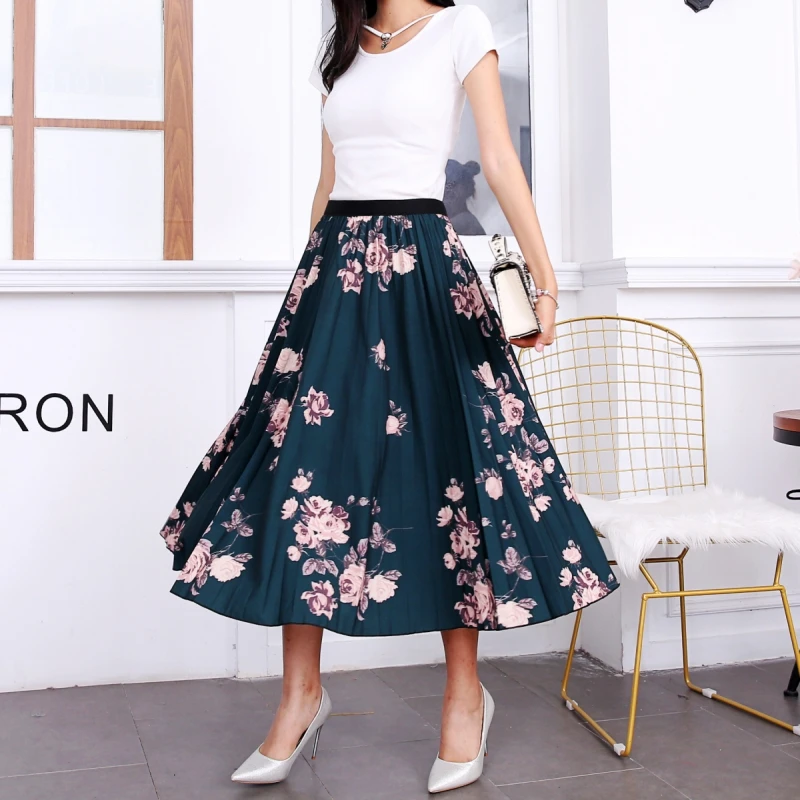 

Lingmu Wholesale Casual Pleated Print Colorful Cartoon Women A Line Long Skirt