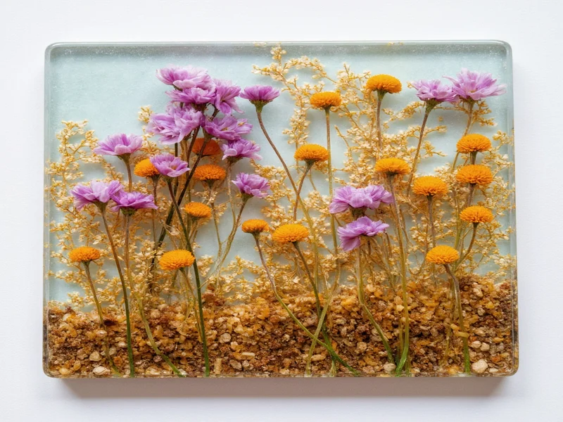 Layered resin coaster with dried flowers