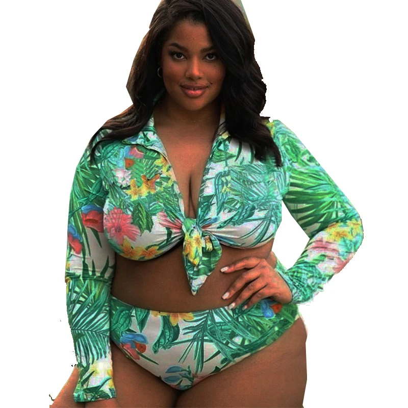 

Long Sleeve Swimwear Women's Swimsuit 2021 Summer High Waist Tummy Control Bathing Suit Tropical Plus Size Bikini, Tropical swimsuit