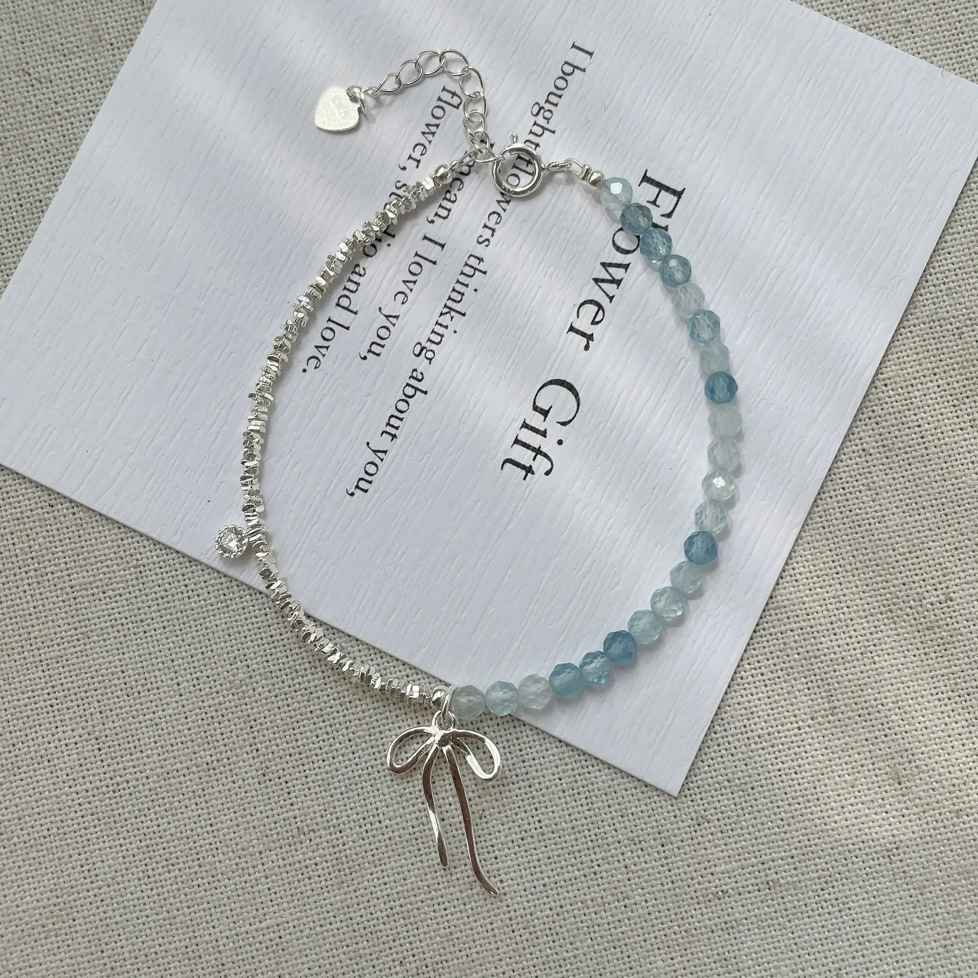 Handmade Lovely Cute 925 Sterling Silver Bowknot Charm Sea Blue Crystal Beads Beaded Necklaces Bracelet for Women