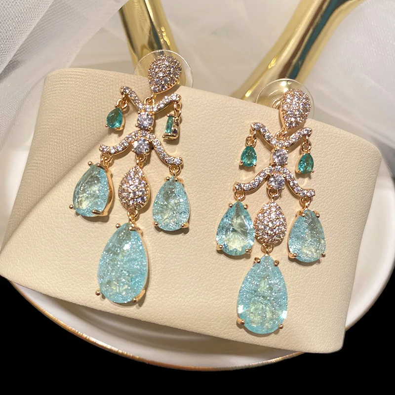 

Luxury Wedding Prom Jewelry Teardrop Diamond Earrings Top Quality Royal Long Zircon Water Drop Chandelier Earrings