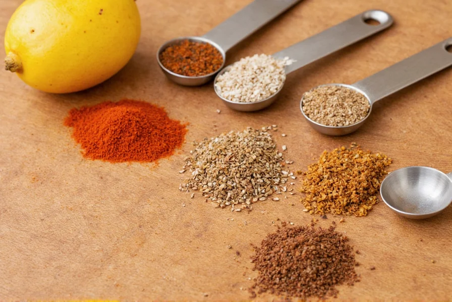 Homemade mango pepper seasoning ingredients arranged on wooden table with measuring spoons