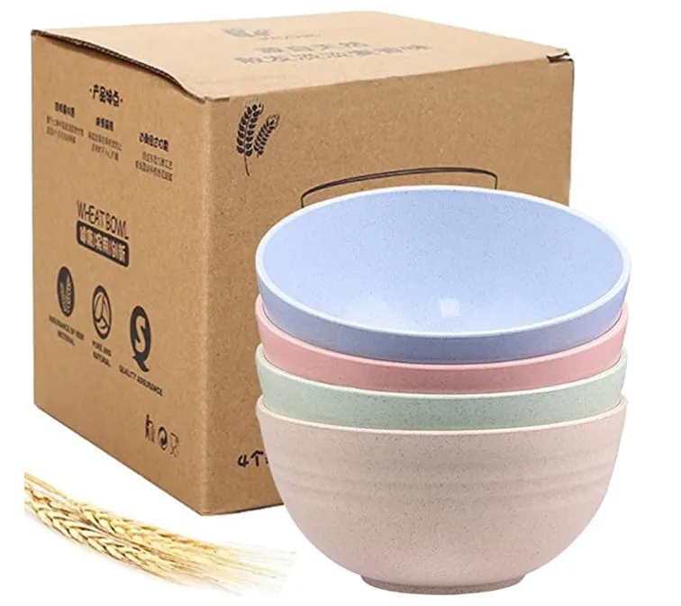 

4pcs Plastic Mixing Bowls Lightweight Unbreakable Microwave Safe Wheat Straw Fiber Bowl Set For Camping, Pink/blue/green/beige