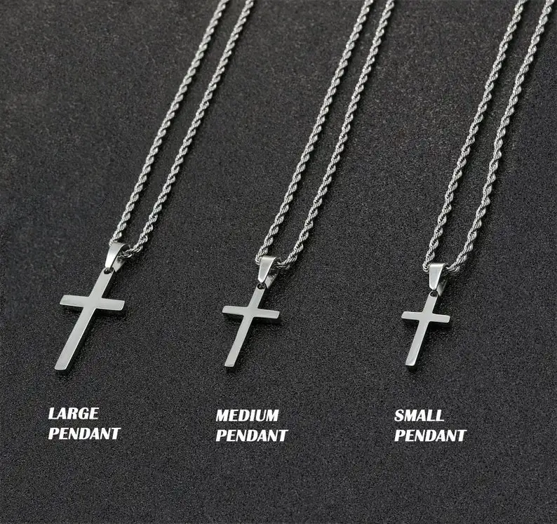 

3 sizes hiphop cross jewelry stainless steel plain cross pendant crucifix charm rope chain men silver cross pendant necklace