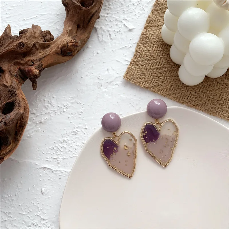 

JUHU 2021 New summer ins hot transparent jewelry cute purple acrylic earring lovely sweet french heart resin earrings for girl, Gold