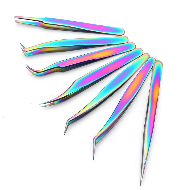 

Wholesale High Quality Stainless Steel Titanium Plating Tweezers Lash Tools Eyelash Extension Tweezers Rainbow Colors