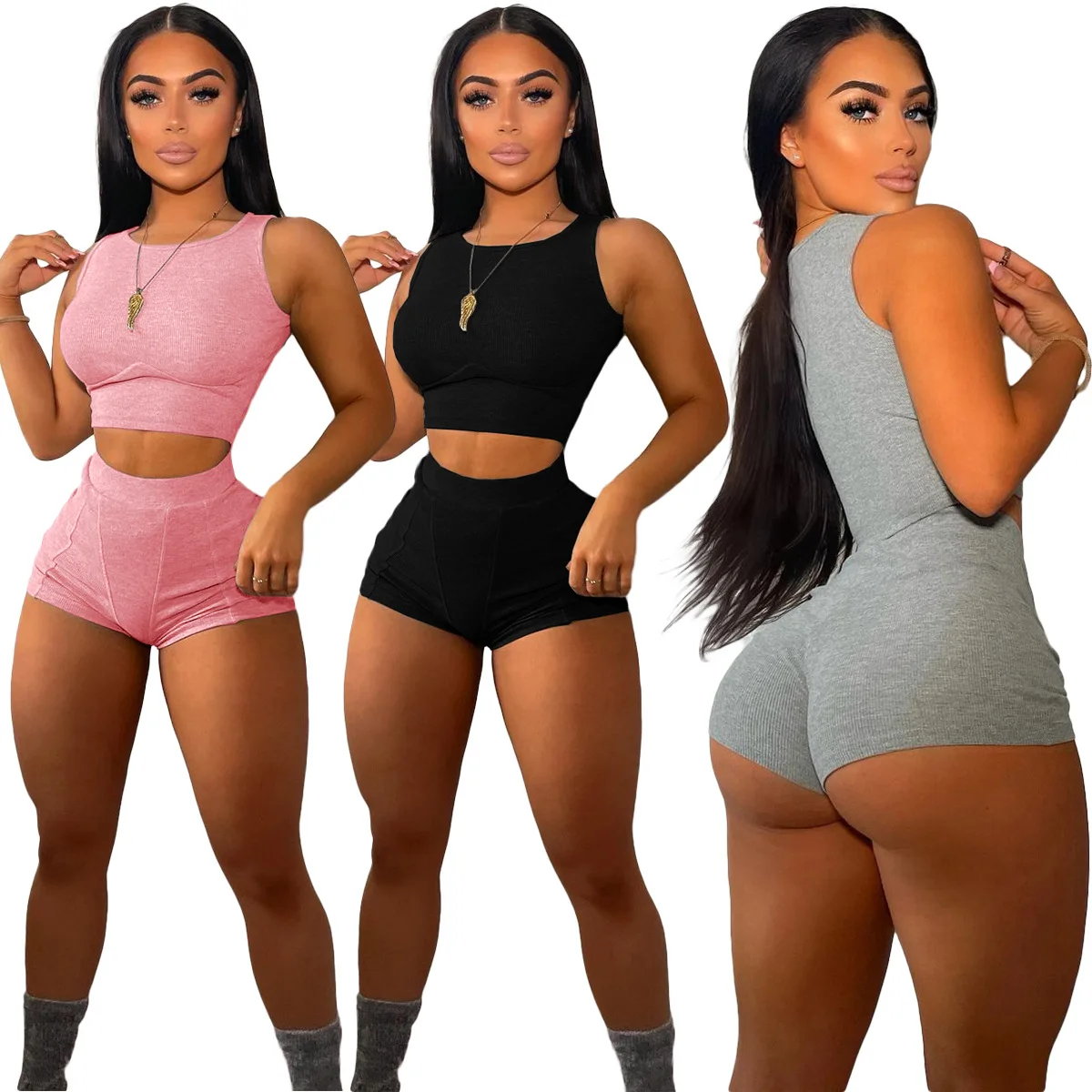 

High Quality Knit Sportswear Outfits Tank Top and Short Pants Two Piece Sets Casual Summer Women Shorts Set