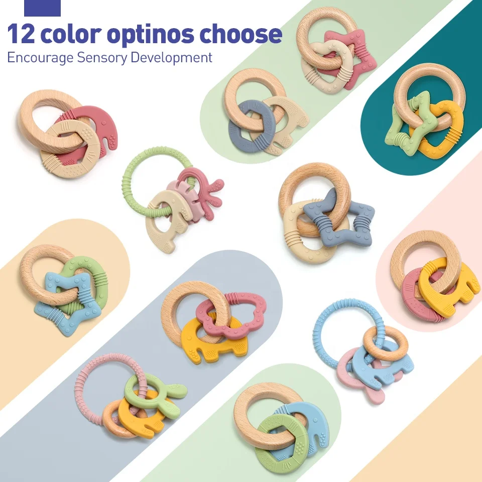 

Bpa free wooden baby rattles toys wooden sensory teething teether ring silicone baby teethers for newborn sensory toy