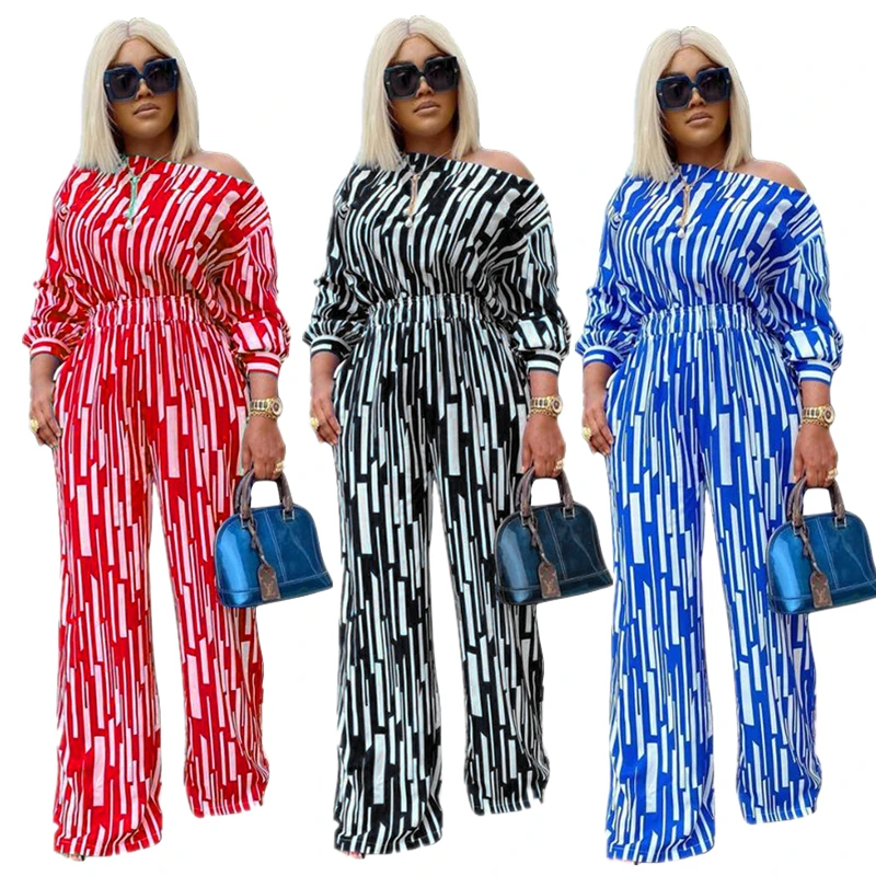 

Wholesale new style women's striped printed two piece set long sleeve fashion casual plus size elegant two piece set, 3colors