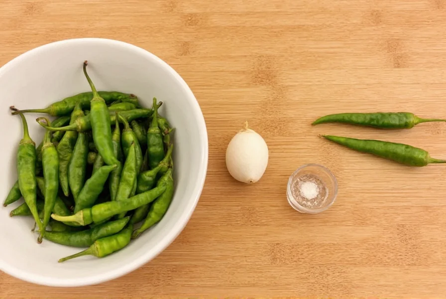 Simple ingredients for shishito pepper dipping sauce arranged on wooden table