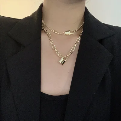 

2021 Hot Selling Women Jewelry 18K Gold Plating Lock Link Chain Necklace Double Layers Thick Chain Lock Pendant Necklaces