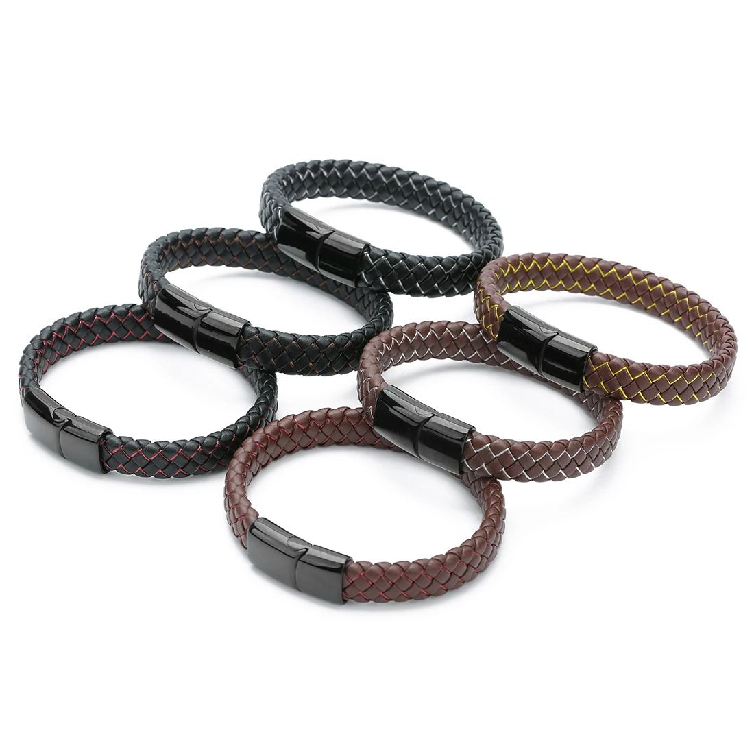 

OEM Stainless Steel Men Black Magnetic Clasp Pu Leather Bracelet 19cm Braided Bracelets 21cm Faux Leather Cord Bangle