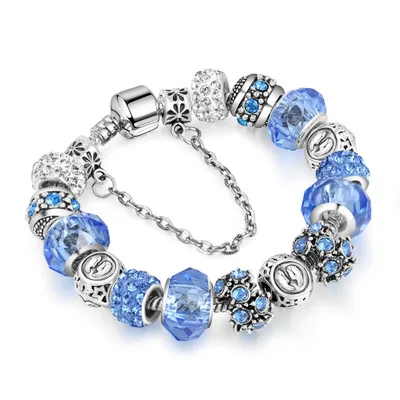 

New Blue Crystal Beads 12 Zodiac European Charm Bracelet Silver Multicolor Glasses Large Hole Beads Zodiac Diy Charm Bracelet